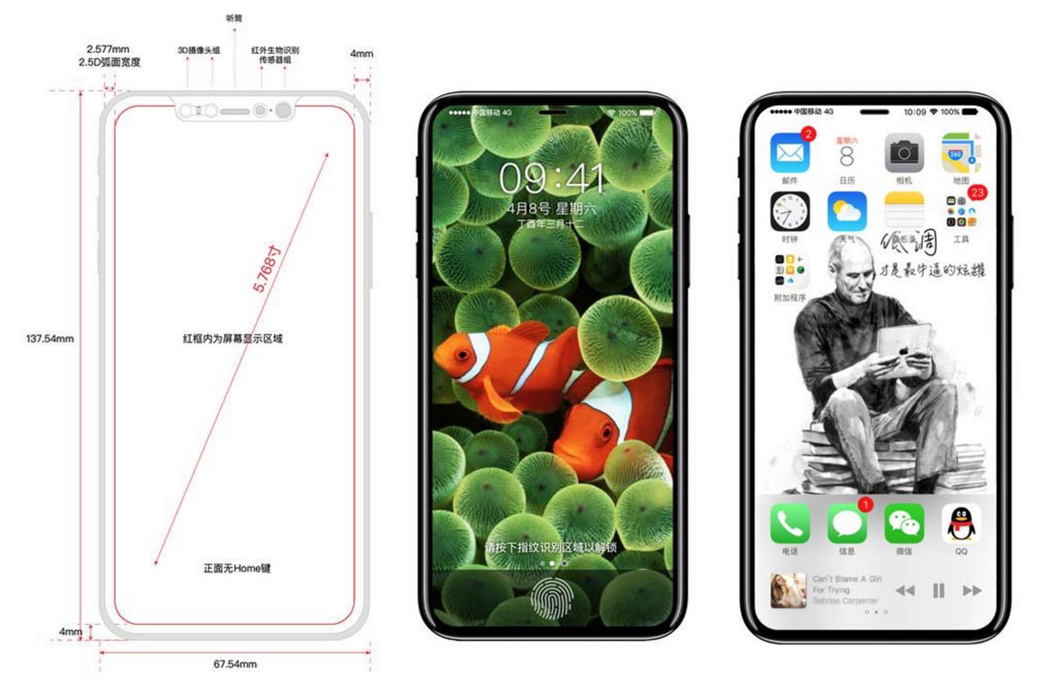 ‘iPhone 8-tekening toont Touch ID en frontcamera in scherm’