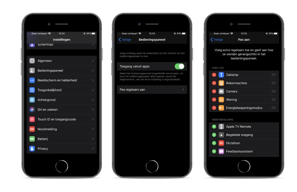 Bedieningspaneel aanpassen iOS screens