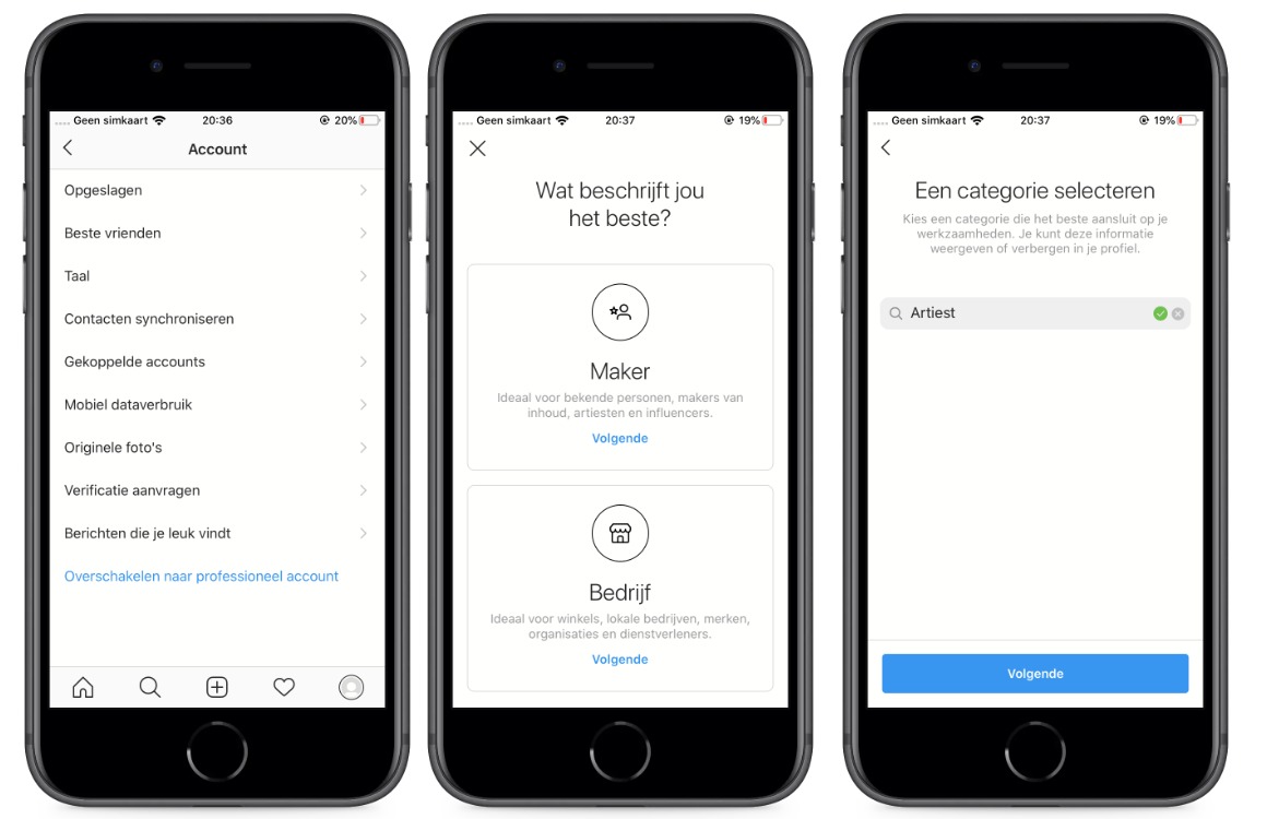 Instagram bedrijfsprofiel maken screens